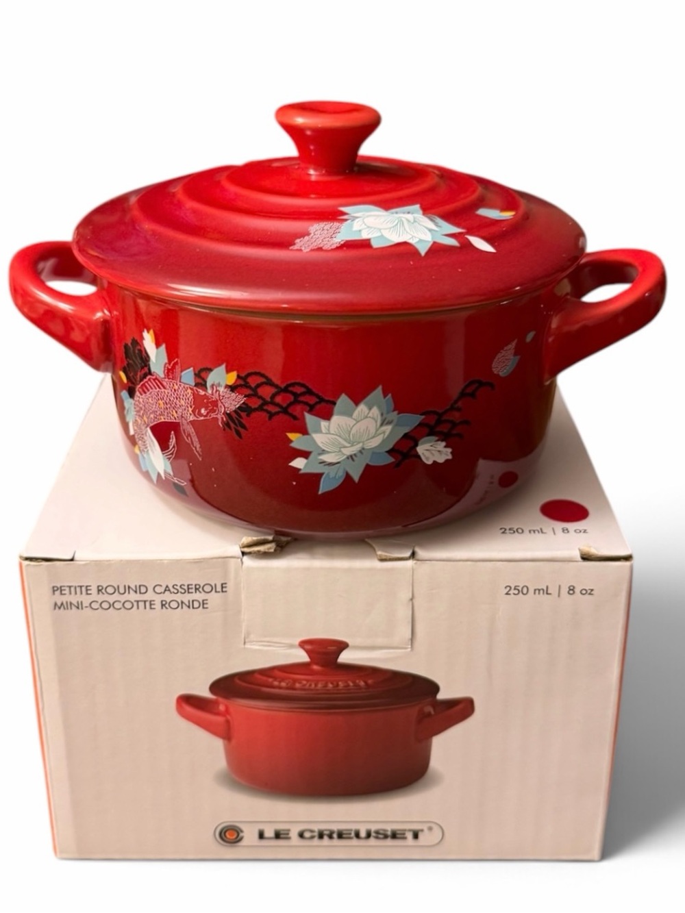 Le Creuset Lotus Collection Koi Fish Mini Cocotte Cerise Red 8OZ 10cm - NIB